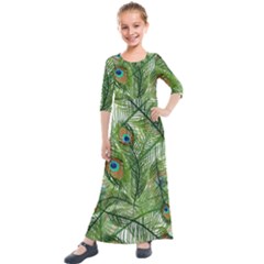 Peacock Feathers Pattern Kids  Quarter Sleeve Maxi Dress by Vaneshart