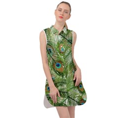 Peacock Feathers Pattern Sleeveless Shirt Dress