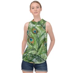 Peacock Feathers Pattern High Neck Satin Top by Vaneshart