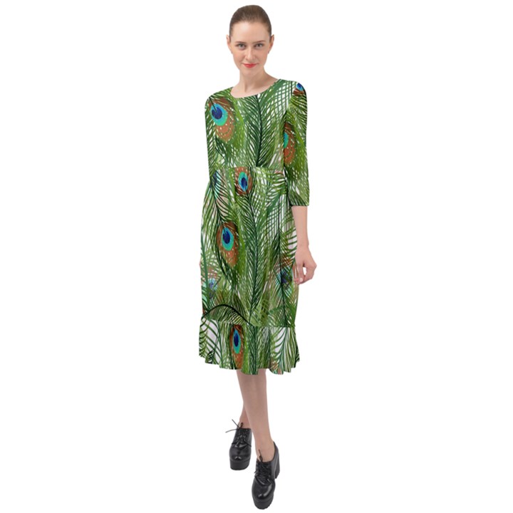 Peacock Feathers Pattern Ruffle End Midi Chiffon Dress