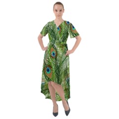 Peacock Feathers Pattern Front Wrap High Low Dress