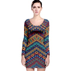 Full Color Pattern With Ethnic Ornaments Long Sleeve Velvet Bodycon Dress by Vaneshart