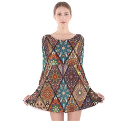 Colorful Vintage Seamless Pattern With Floral Mandala Elements Hand Drawn Background Long Sleeve Velvet Skater Dress