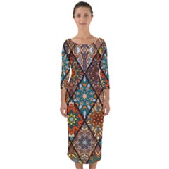 Colorful Vintage Seamless Pattern With Floral Mandala Elements Hand Drawn Background Quarter Sleeve Midi Bodycon Dress