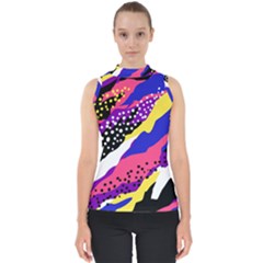 Colorful Abstract Waves Pattern Mock Neck Shell Top by teeziner