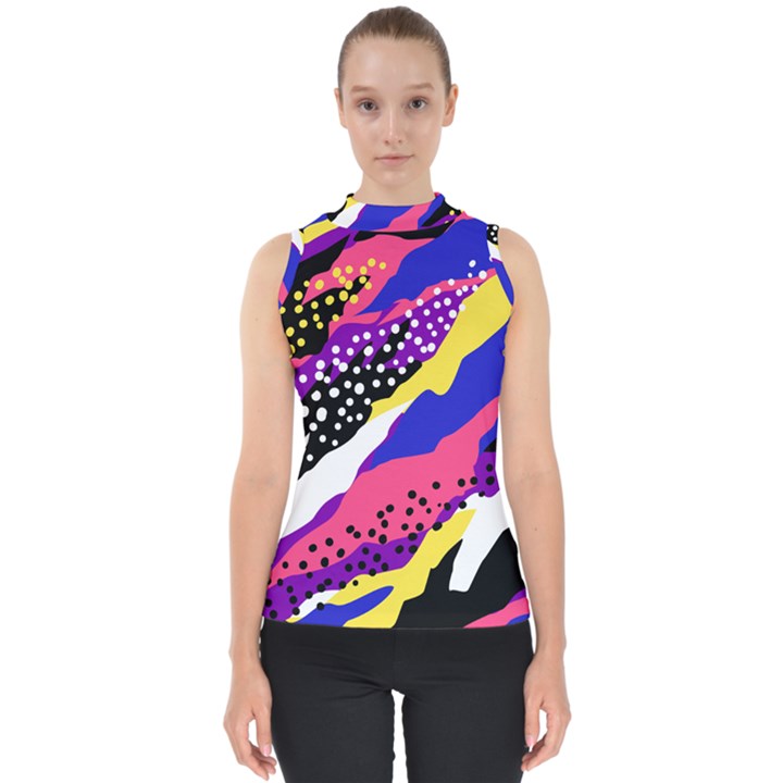 Colorful Abstract Waves Pattern Mock Neck Shell Top