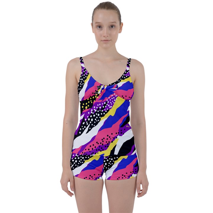 Colorful Abstract Waves Pattern Tie Front Two Piece Tankini