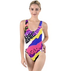 Colorful Abstract Waves Pattern High Leg Strappy Swimsuit