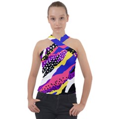 Colorful Abstract Waves Pattern Cross Neck Velour Top