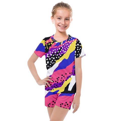 Colorful Abstract Waves Pattern Kids  Mesh Tee And Shorts Set by teeziner