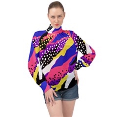 Colorful Abstract Waves Pattern High Neck Long Sleeve Chiffon Top by teeziner