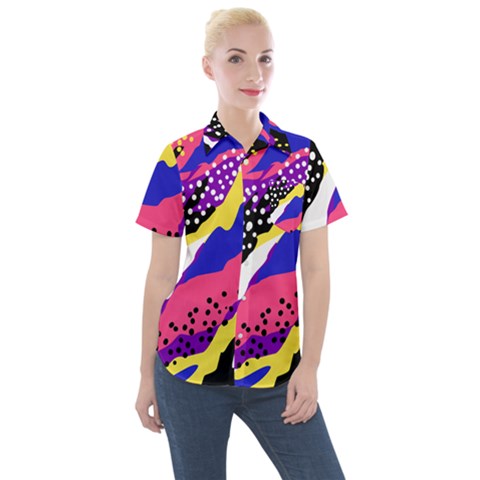 Colorful Abstract Waves Pattern Women s Short Sleeve Pocket Shirt by teeziner