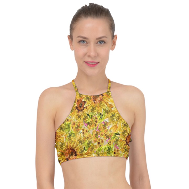 Orange Yellow Sunflowers Racer Front Bikini Top