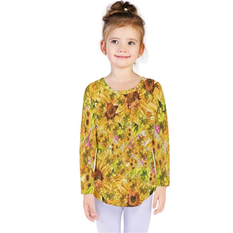 Orange Yellow Sunflowers Kids  Long Sleeve Tee by retrotoomoderndesigns