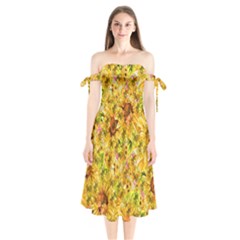 Orange Yellow Sunflowers Shoulder Tie Bardot Midi Dress by retrotoomoderndesigns