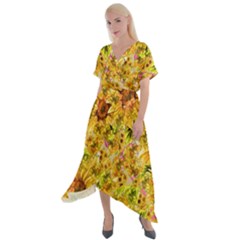 Orange Yellow Sunflowers Cross Front Sharkbite Hem Maxi Dress by retrotoomoderndesigns