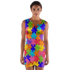 Rainbow Jigsaw Puzzle Wrap Front Bodycon Dress by retrotoomoderndesigns