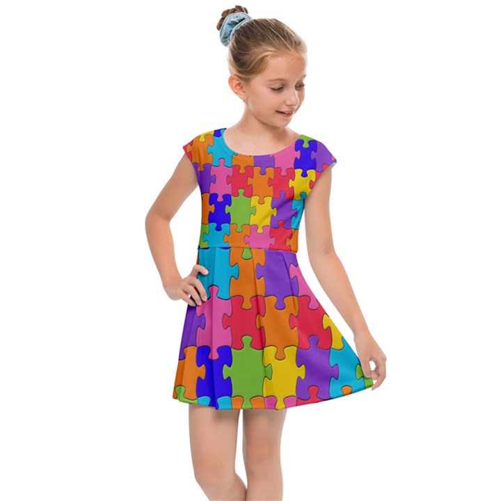 Rainbow Jigsaw Puzzle Kids  Cap Sleeve Dress