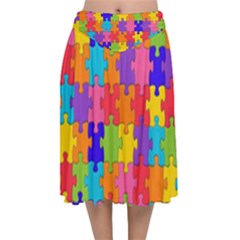 Rainbow Jigsaw Puzzle Velvet Flared Midi Skirt by retrotoomoderndesigns