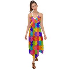 Rainbow Jigsaw Puzzle Halter Tie Back Dress 