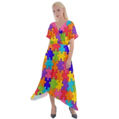 Rainbow Jigsaw Puzzle Cross Front Sharkbite Hem Maxi Dress by retrotoomoderndesigns