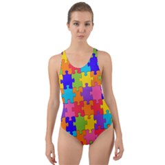 Rainbow Jigsaw Puzzle Cut-out Back One Piece Swimsuit by retrotoomoderndesigns