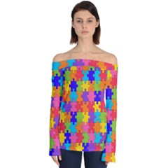 Rainbow Jigsaw Puzzle Off Shoulder Long Sleeve Top by retrotoomoderndesigns