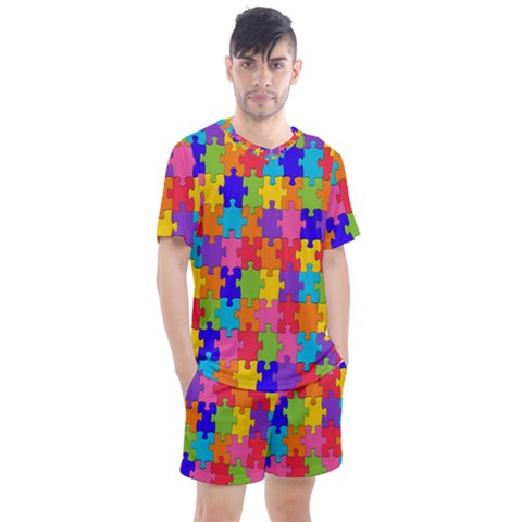 Rainbow Jigsaw Puzzle Men s Mesh Tee And Shorts Set by retrotoomoderndesigns