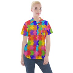 Rainbow Jigsaw Puzzle Women s Short Sleeve Pocket Shirt