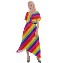 Rainbow Diagonal Stripes Cross Front Sharkbite Hem Maxi Dress by retrotoomoderndesigns