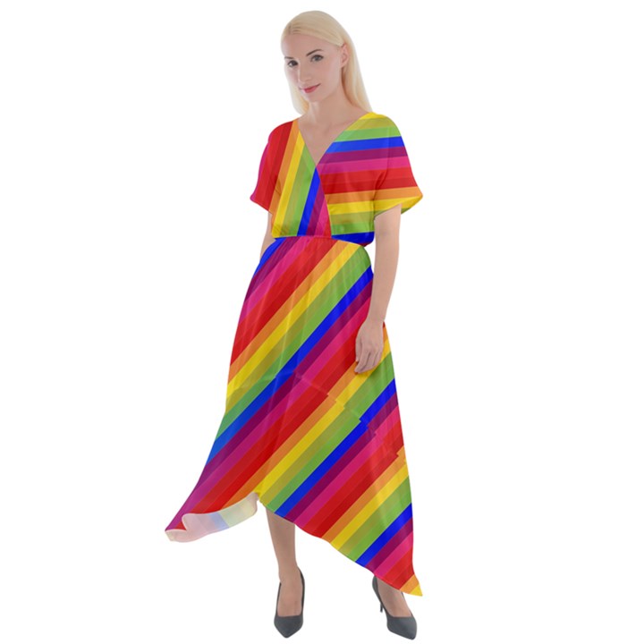 Rainbow Diagonal Stripes Cross Front Sharkbite Hem Maxi Dress