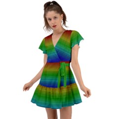 Dark Rainbow Stripes Flutter Sleeve Wrap Dress