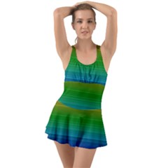 Dark Rainbow Stripes Ruffle Top Dress Swimsuit by retrotoomoderndesigns