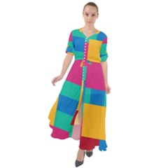 Rainbow Color Blocks Waist Tie Boho Maxi Dress