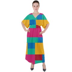 Rainbow Color Blocks V-neck Boho Style Maxi Dress