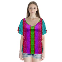 Rose Petals As A Rainbow Of Decorative Colors V-neck Flutter Sleeve Top by pepitasart