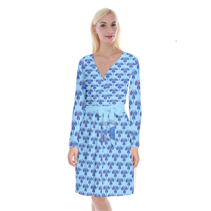 Blue Dragonfly  Long Sleeve Velvet Front Wrap Dress