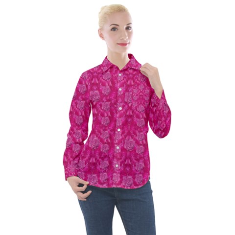 Roses And Roses A Soft Flower Bed Ornate Women s Long Sleeve Pocket Shirt by pepitasart