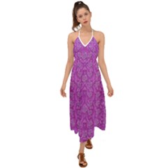 Roses And Roses A Soft  Purple Flower Bed Ornate Halter Tie Back Dress 