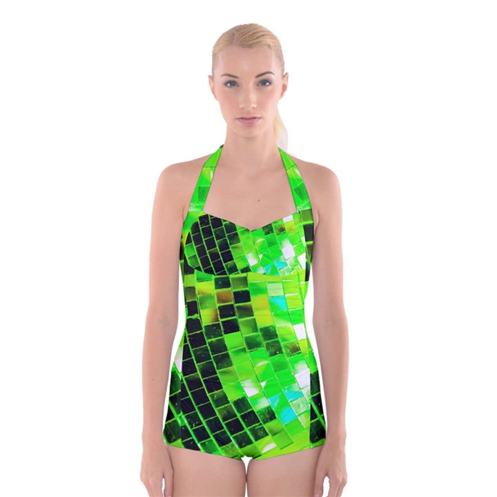 Green Disco Ball Boyleg Halter Swimsuit 