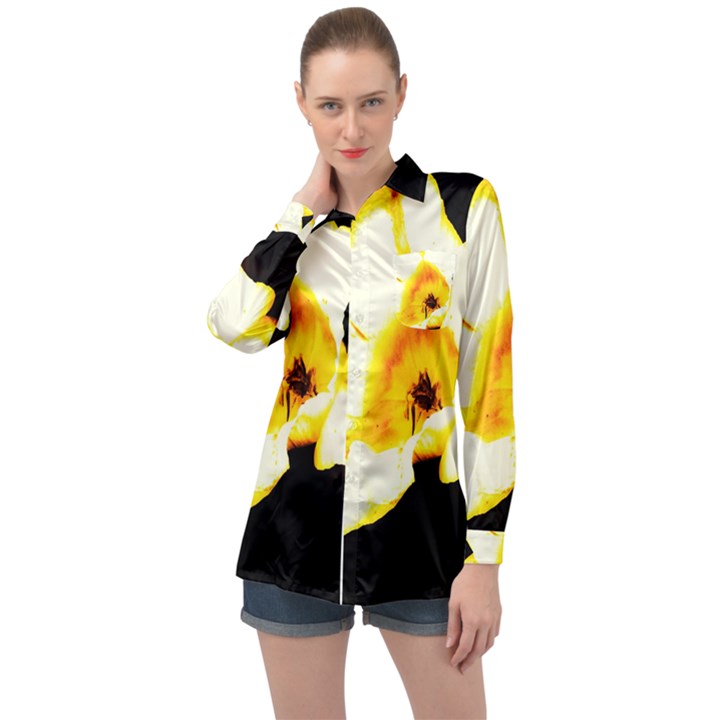 Yellow and Orange Tulip Long Sleeve Satin Shirt