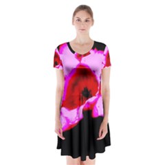 Pink And Red Tulip Short Sleeve V-neck Flare Dress by okhismakingart