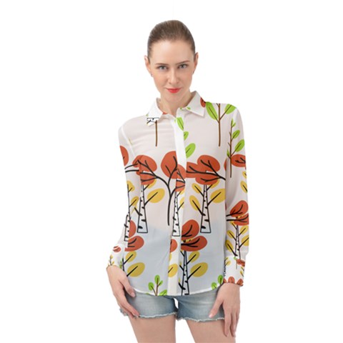 Tree Autumn Forest Landscape Long Sleeve Chiffon Shirt by Mariart