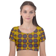 Bohemian Rare  Fantasy Flowers In The Festive Sun Velvet Short Sleeve Crop Top  by pepitasart