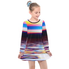 Lake Sea Water Wave Sunset Kids  Long Sleeve Dress by HermanTelo