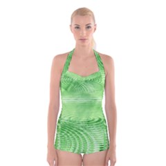 Wave Concentric Circle Green Boyleg Halter Swimsuit 