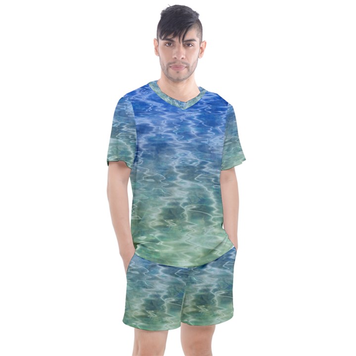 Water Blue Transparent Crystal Men s Mesh Tee and Shorts Set