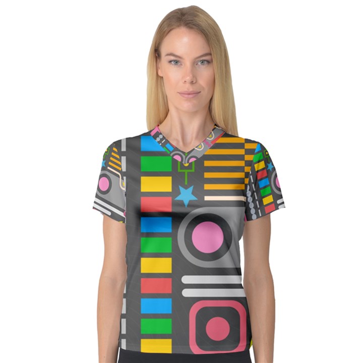 Pattern Geometric Abstract Colorful Arrows Lines Circles Triangles V-Neck Sport Mesh Tee