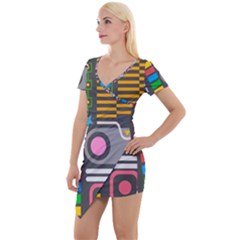 Pattern Geometric Abstract Colorful Arrows Lines Circles Triangles Short Sleeve Asymmetric Mini Dress