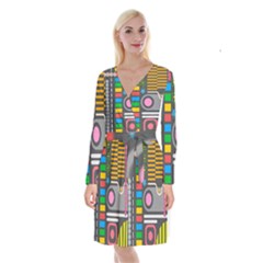 Pattern Geometric Abstract Colorful Arrows Lines Circles Triangles Long Sleeve Velvet Front Wrap Dress